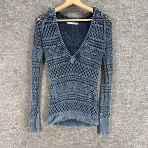 Maurices Hoodie Women S Small Blue Geometric Crochet V-Neck Hooded Long Sleeve